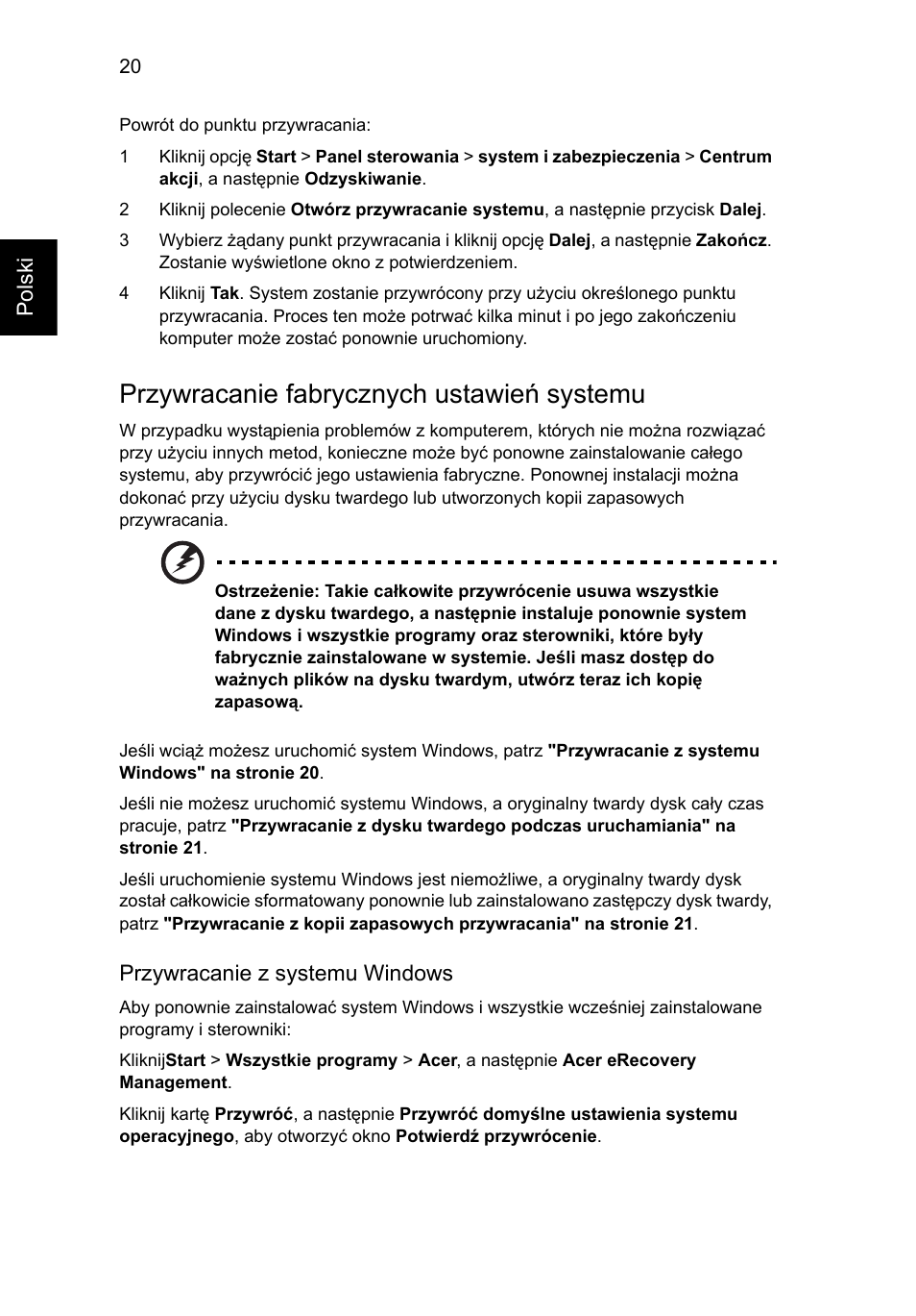 Przywracanie fabrycznych ustawień systemu | Acer Aspire 5733Z User Manual | Page 956 / 2348