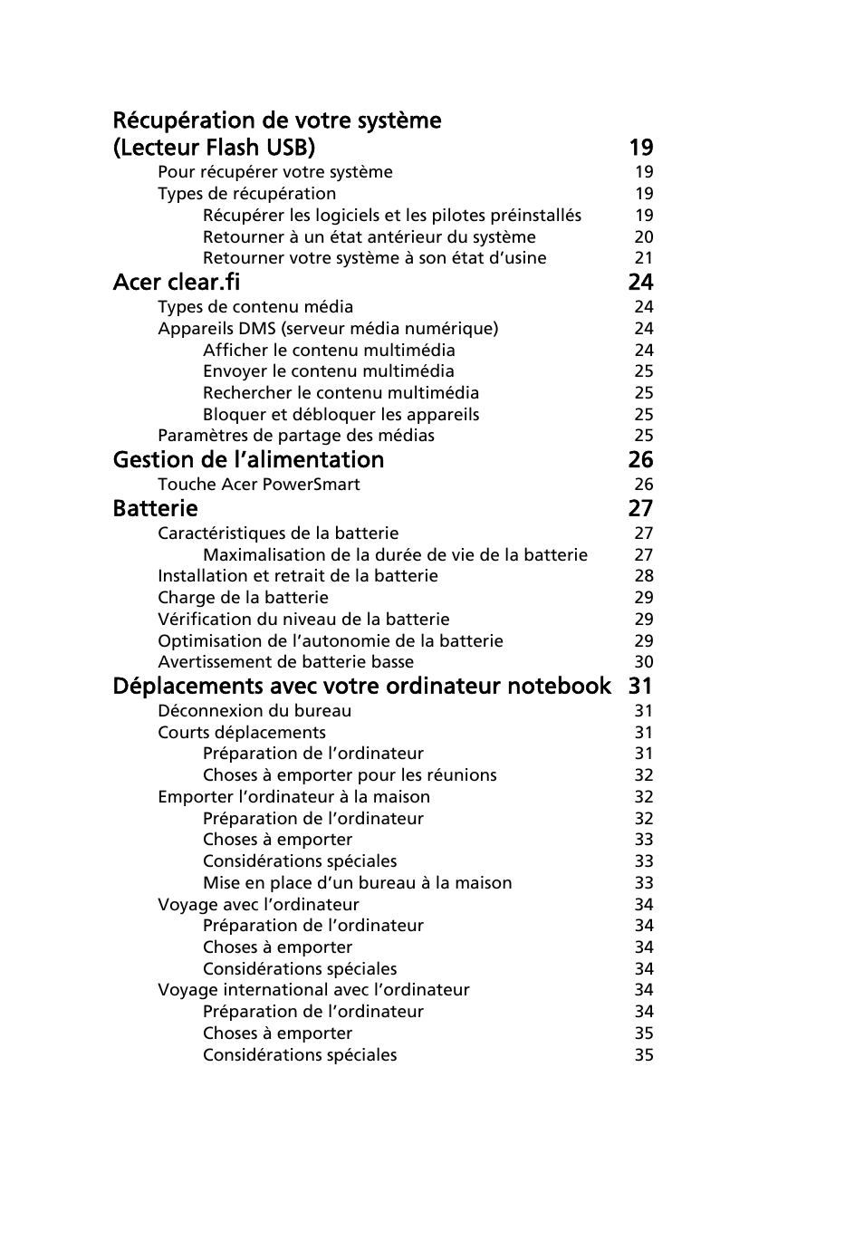 Acer clear.fi 24, Gestion de l’alimentation 26, Batterie 27 | Acer Aspire 5733Z User Manual | Page 96 / 2348