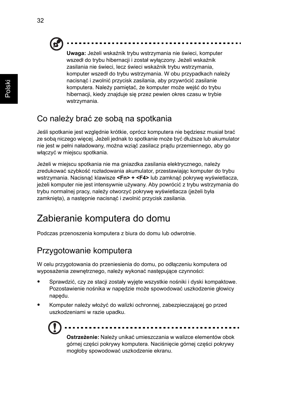 Zabieranie komputera do domu, Co należy brać ze sobą na spotkania, Przygotowanie komputera | Acer Aspire 5733Z User Manual | Page 968 / 2348