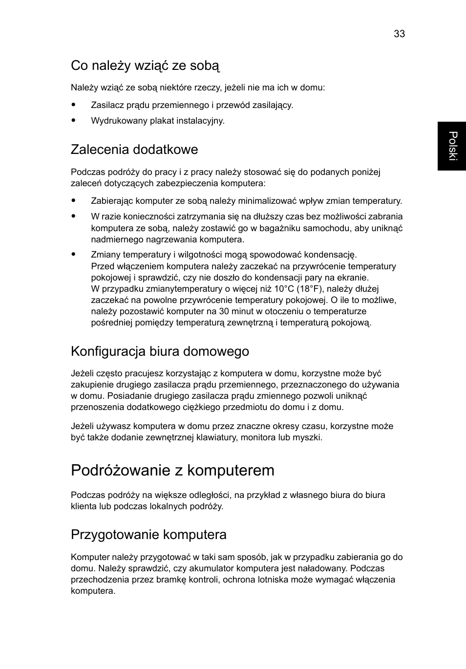 Podróżowanie z komputerem, Co należy wziąć ze sobą, Zalecenia dodatkowe | Konfiguracja biura domowego, Przygotowanie komputera | Acer Aspire 5733Z User Manual | Page 969 / 2348