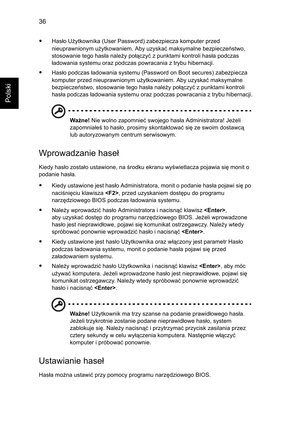 Wprowadzanie haseł, Ustawianie haseł | Acer Aspire 5733Z User Manual | Page 972 / 2348