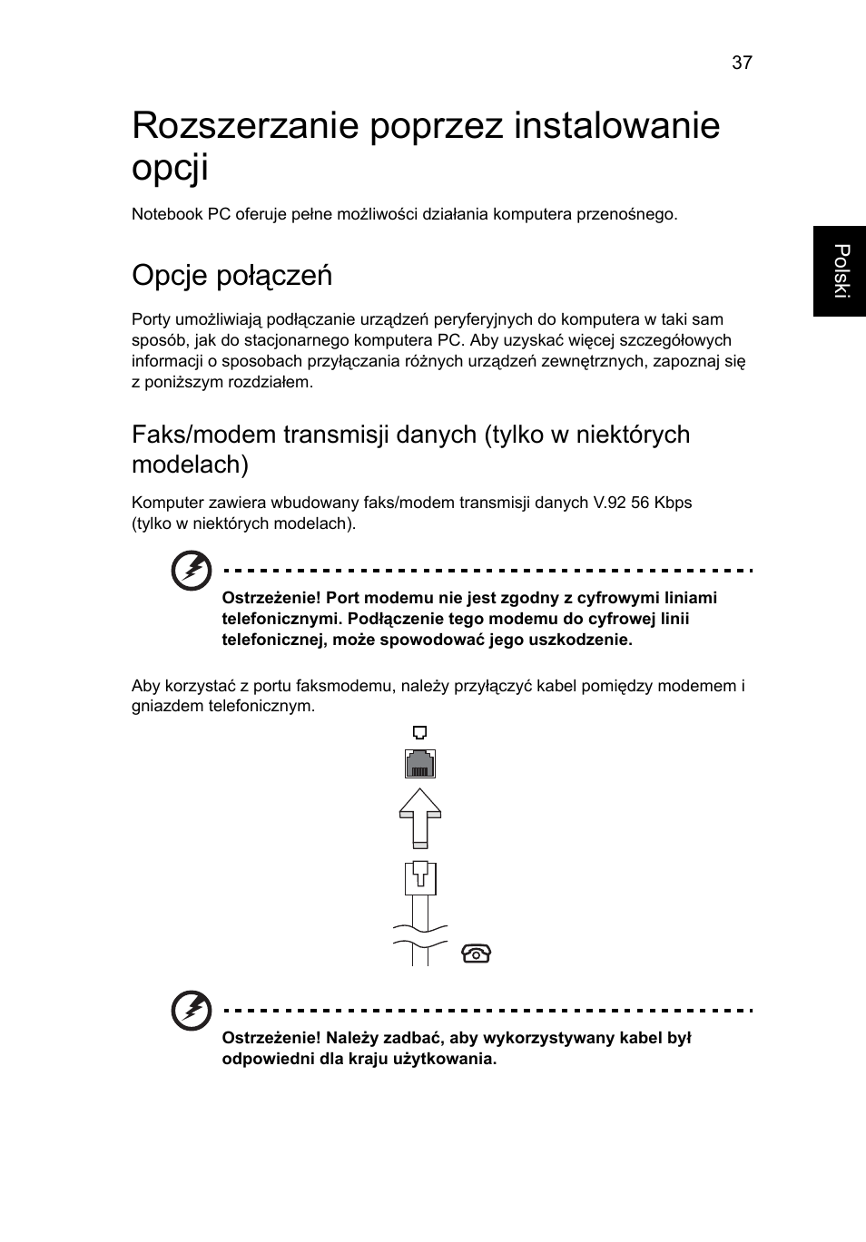 Rozszerzanie poprzez instalowanie opcji, Opcje połączeń | Acer Aspire 5733Z User Manual | Page 973 / 2348
