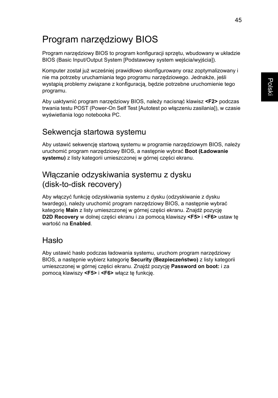 Program narzędziowy bios, Sekwencja startowa systemu, Hasło | Acer Aspire 5733Z User Manual | Page 981 / 2348