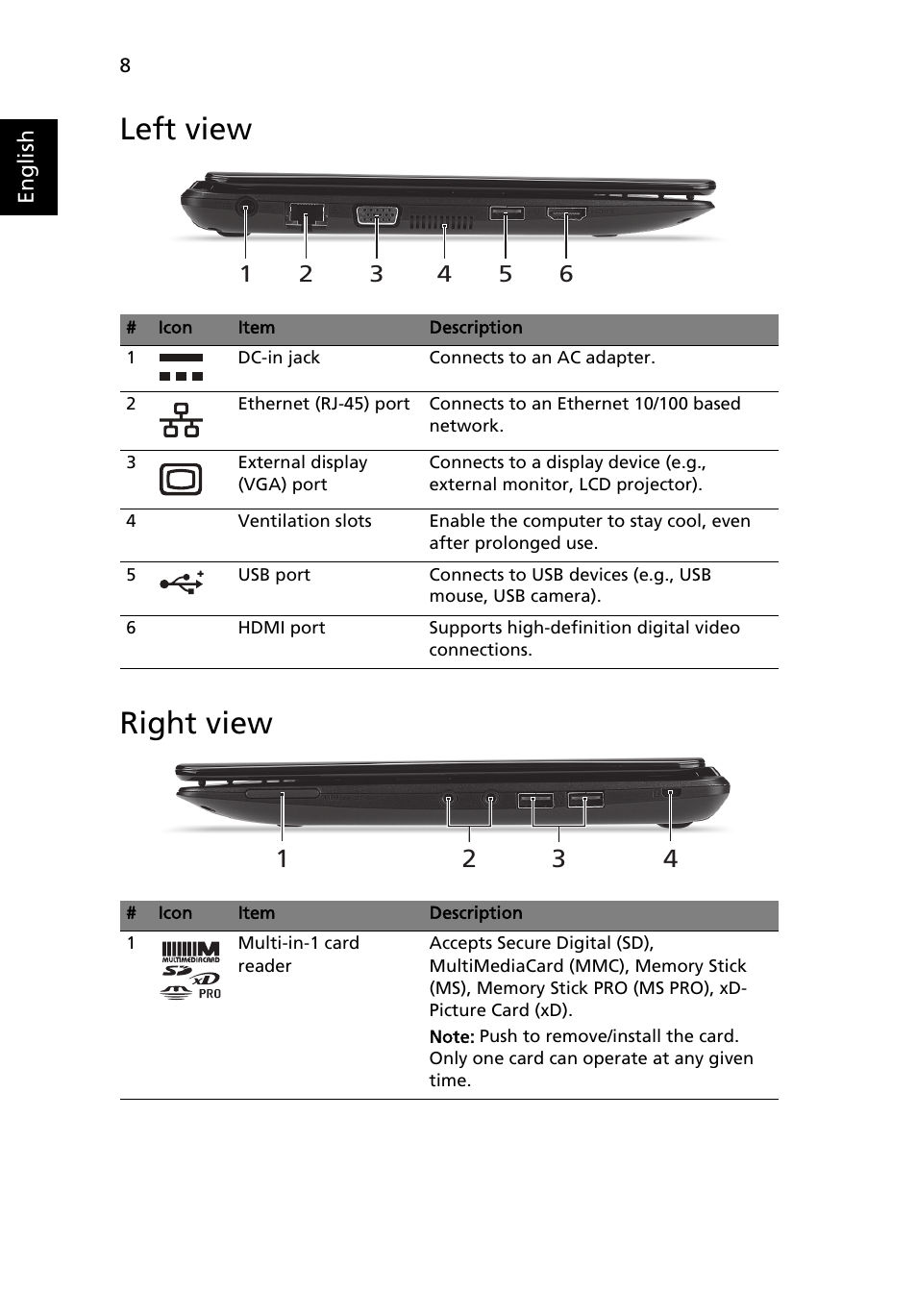 Left view, Right view | Acer AO722 User Manual | Page 10 / 294