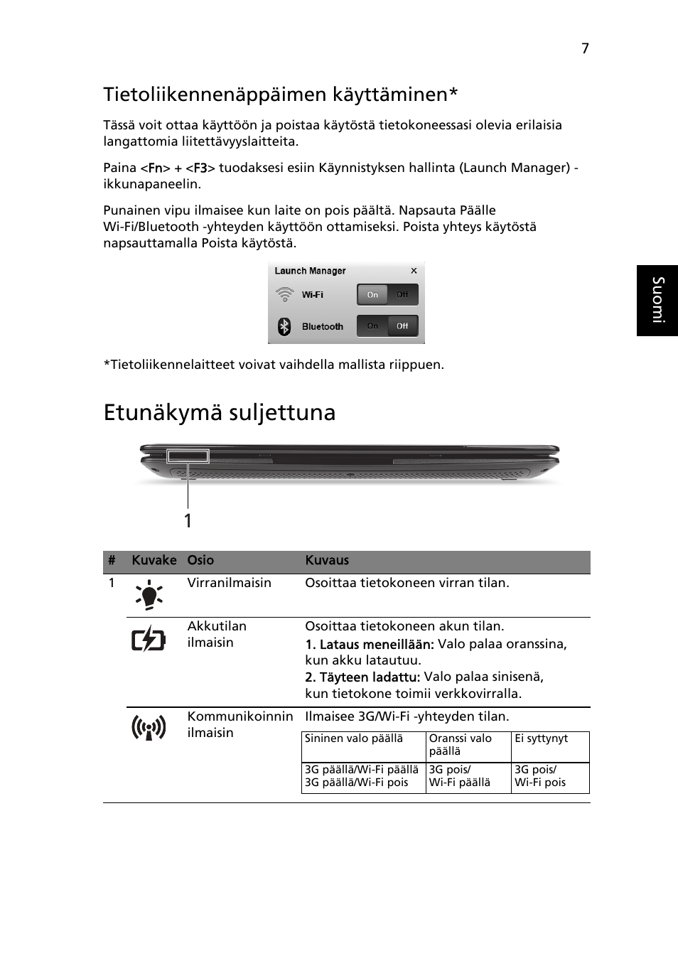 Etunäkymä suljettuna, Tietoliikennenäppäimen käyttäminen | Acer AO722 User Manual | Page 109 / 294