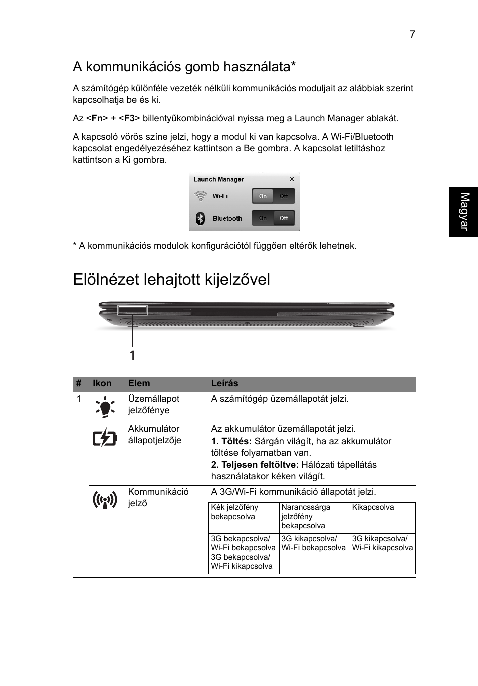 Elölnézet lehajtott kijelzővel, A kommunikációs gomb használata | Acer AO722 User Manual | Page 139 / 294