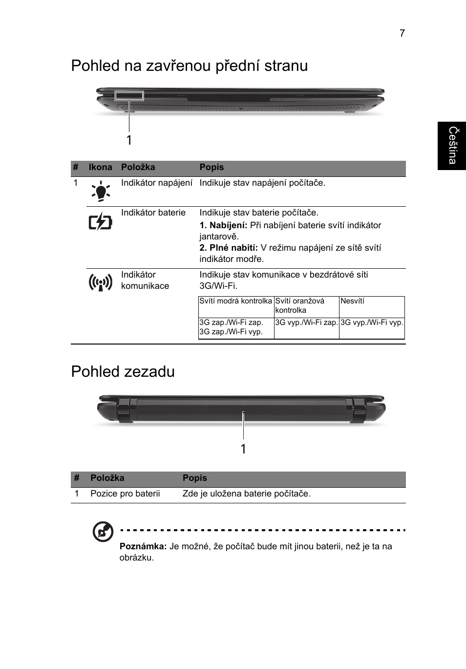 Pohled na zavřenou přední stranu, Pohled zezadu, Pohled na zavřenou přední stranu pohled zezadu | Acer AO722 User Manual | Page 149 / 294