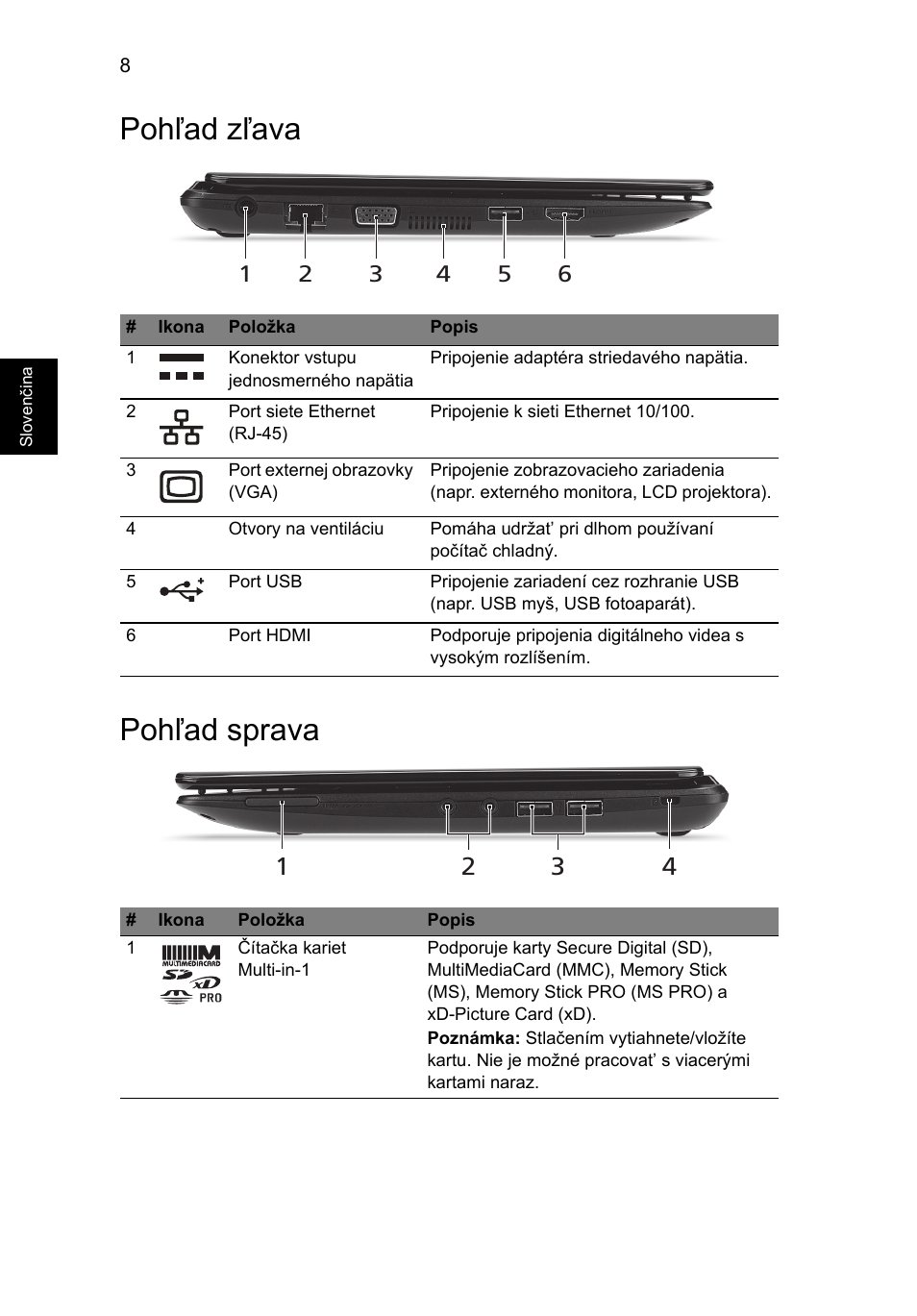 Pohľad zľava, Pohľad sprava, Pohľad zľava pohľad sprava | Acer AO722 User Manual | Page 160 / 294