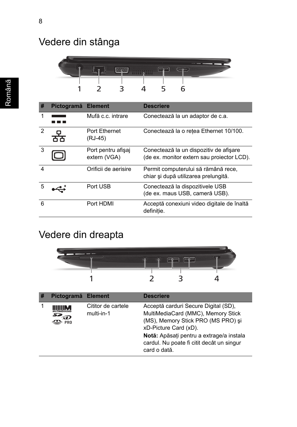 Vedere din stânga, Vedere din dreapta, Vedere din stânga vedere din dreapta | Acer AO722 User Manual | Page 190 / 294