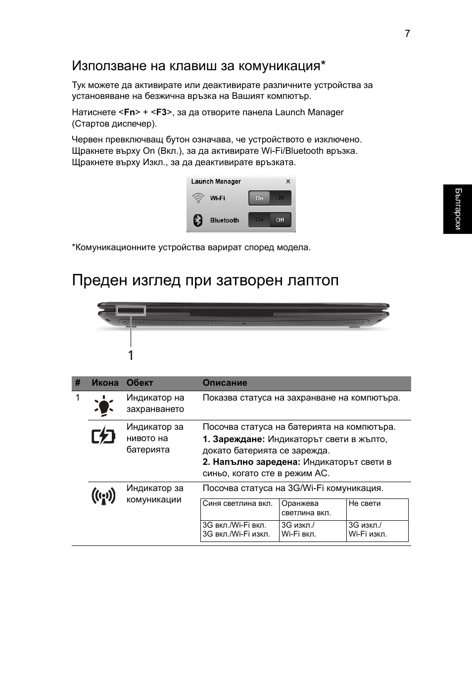 Преден изглед при затворен лаптоп, Използване на клавиш за комуникация | Acer AO722 User Manual | Page 199 / 294