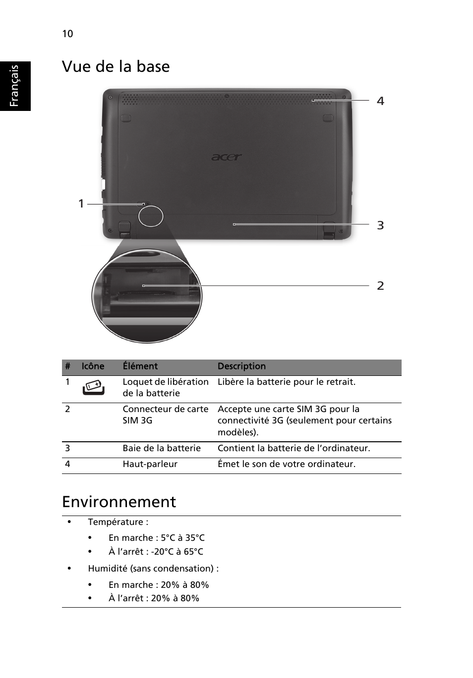 Vue de la base, Environnement, Vue de la base environnement | Acer AO722 User Manual | Page 22 / 294