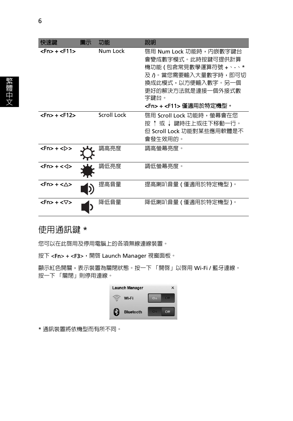 使用通訊鍵, 繁 體 中 文 | Acer AO722 User Manual | Page 260 / 294