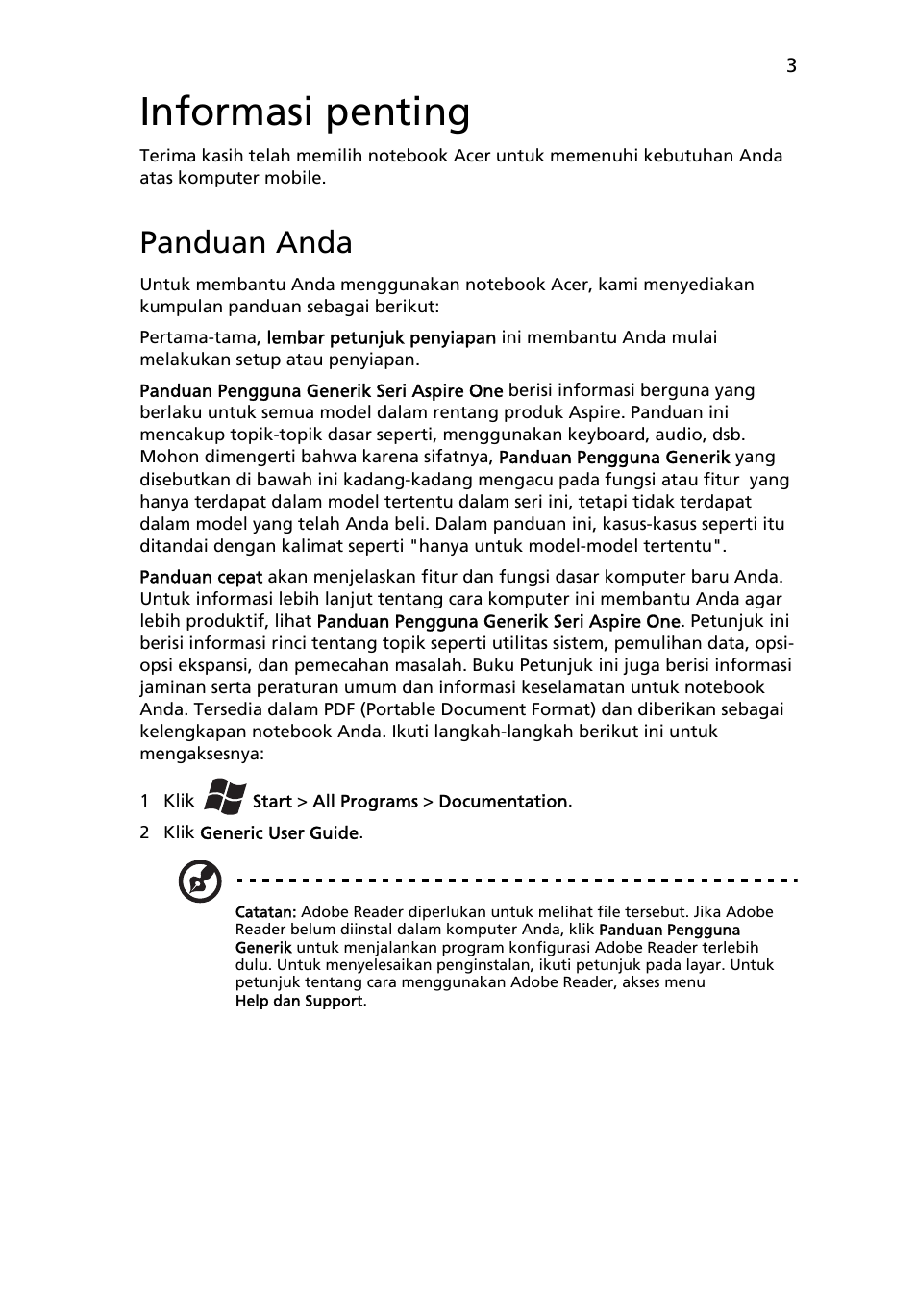 Informasi penting, Panduan anda | Acer AO722 User Manual | Page 277 / 294