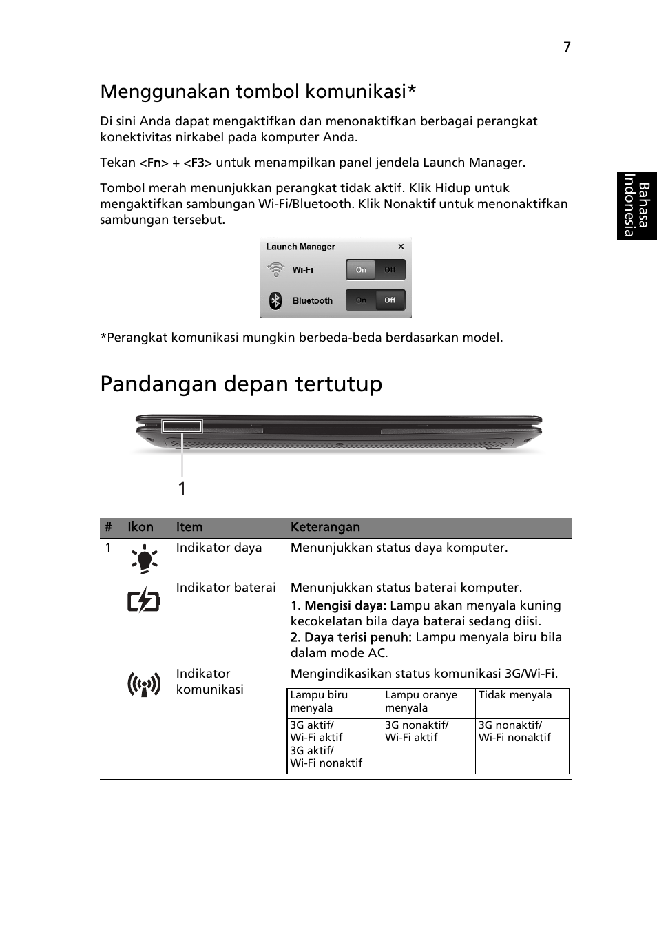 Pandangan depan tertutup, Menggunakan tombol komunikasi | Acer AO722 User Manual | Page 281 / 294