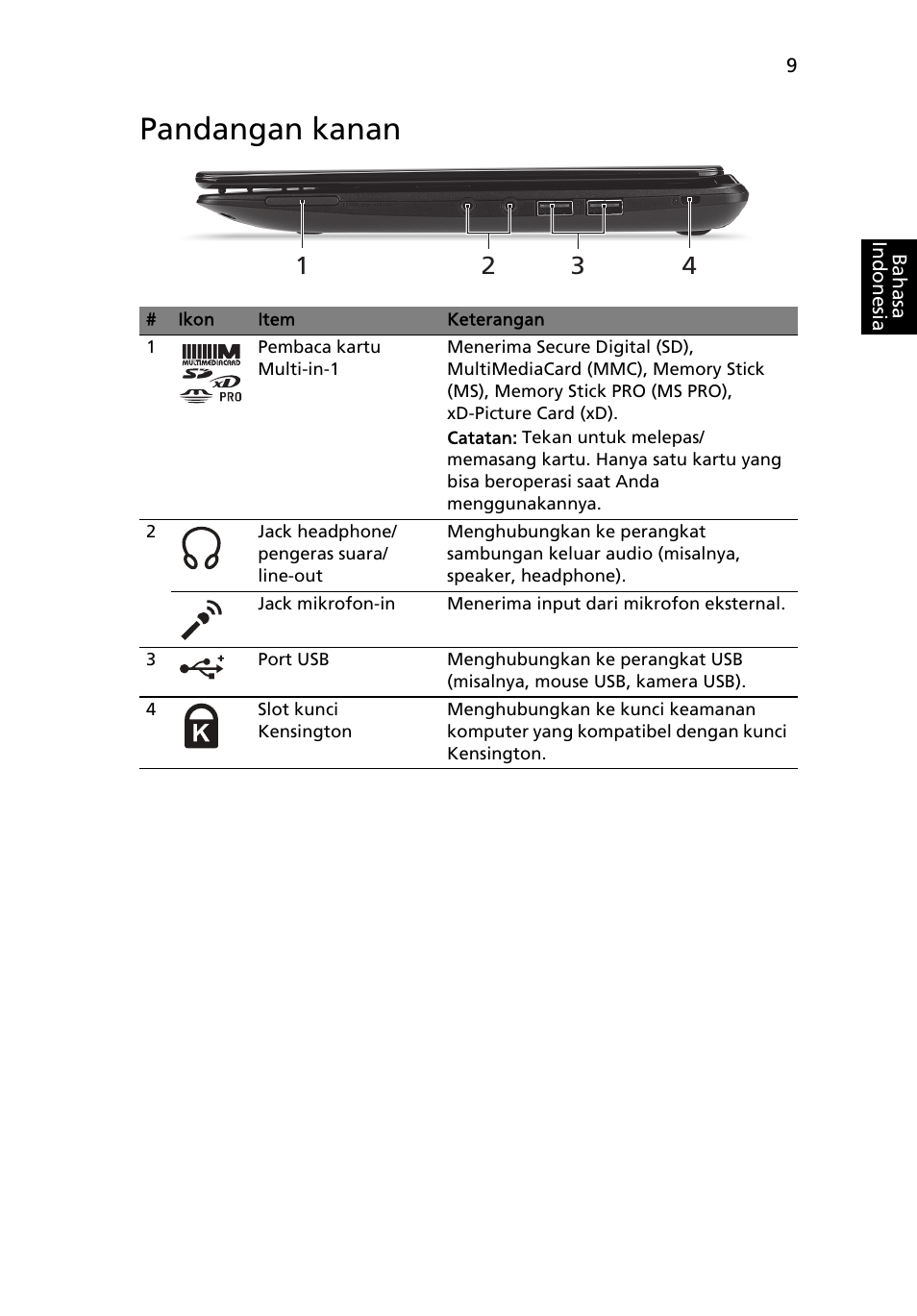 Pandangan kanan | Acer AO722 User Manual | Page 283 / 294