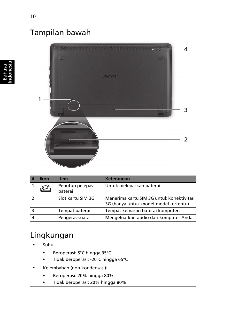 Tampilan bawah, Lingkungan, Tampilan bawah lingkungan | Acer AO722 User Manual | Page 284 / 294