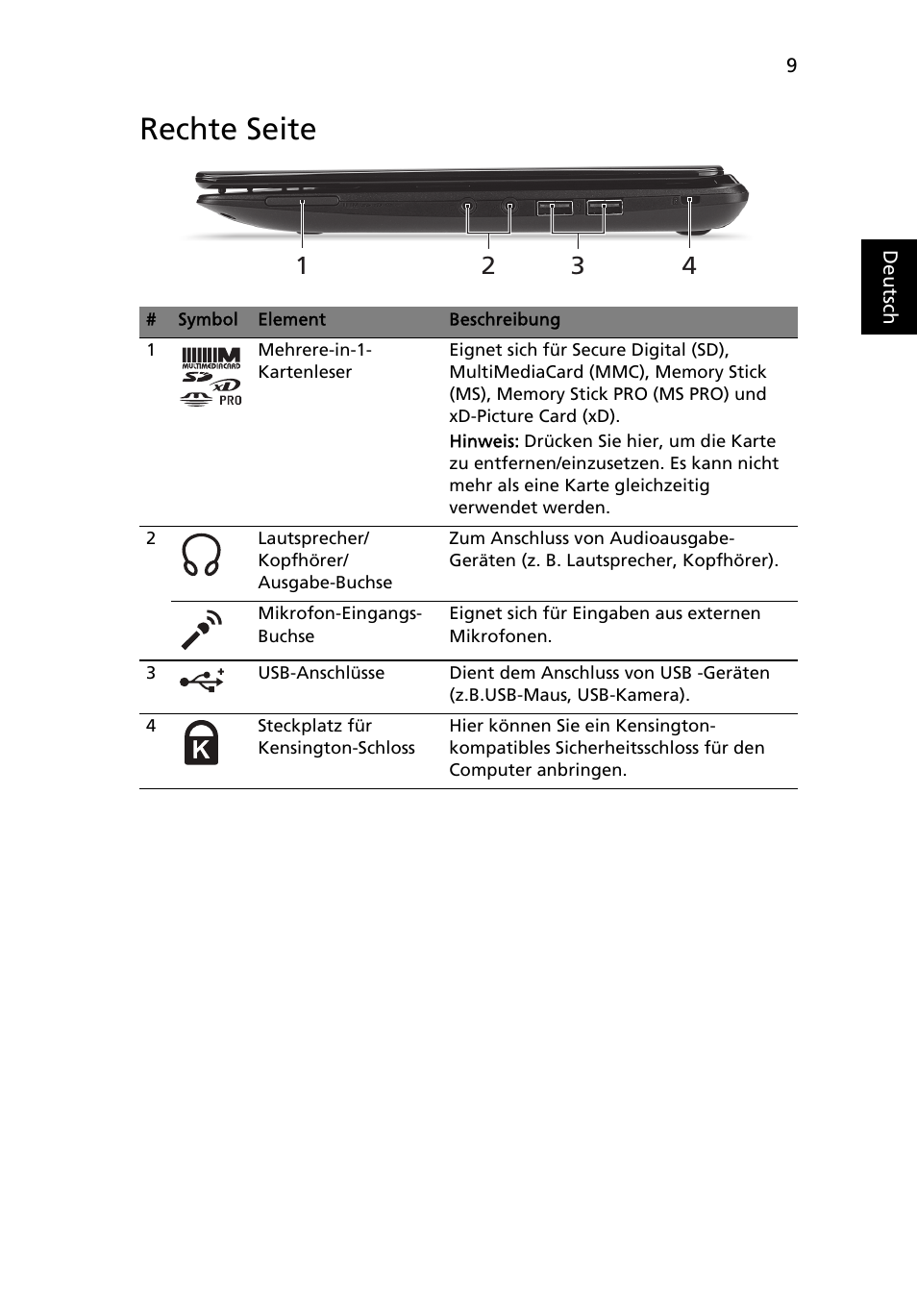 Rechte seite | Acer AO722 User Manual | Page 31 / 294