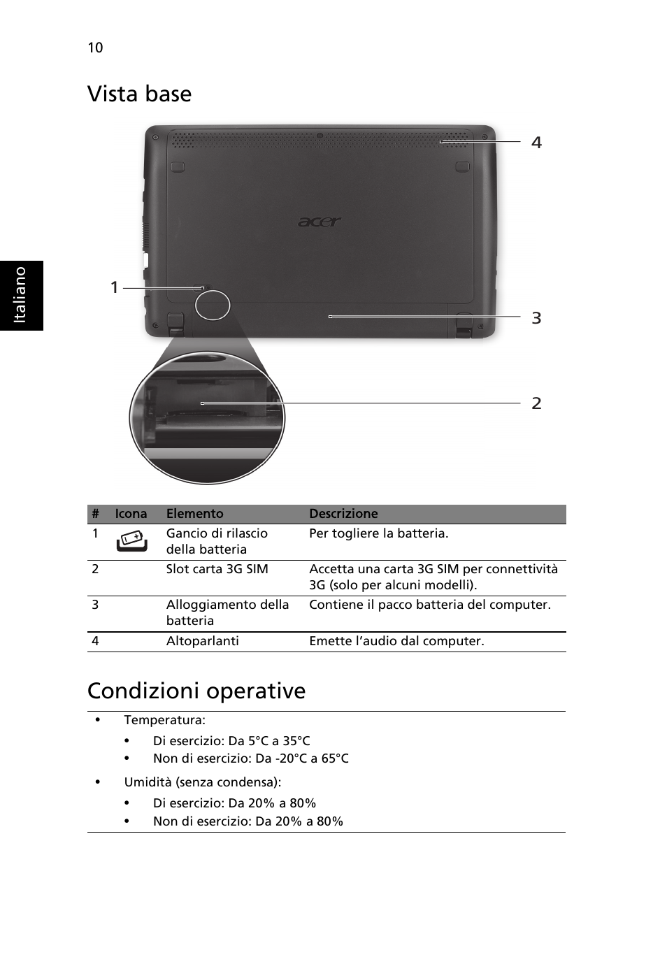 Vista base, Condizioni operative, Vista base condizioni operative | Acer AO722 User Manual | Page 42 / 294