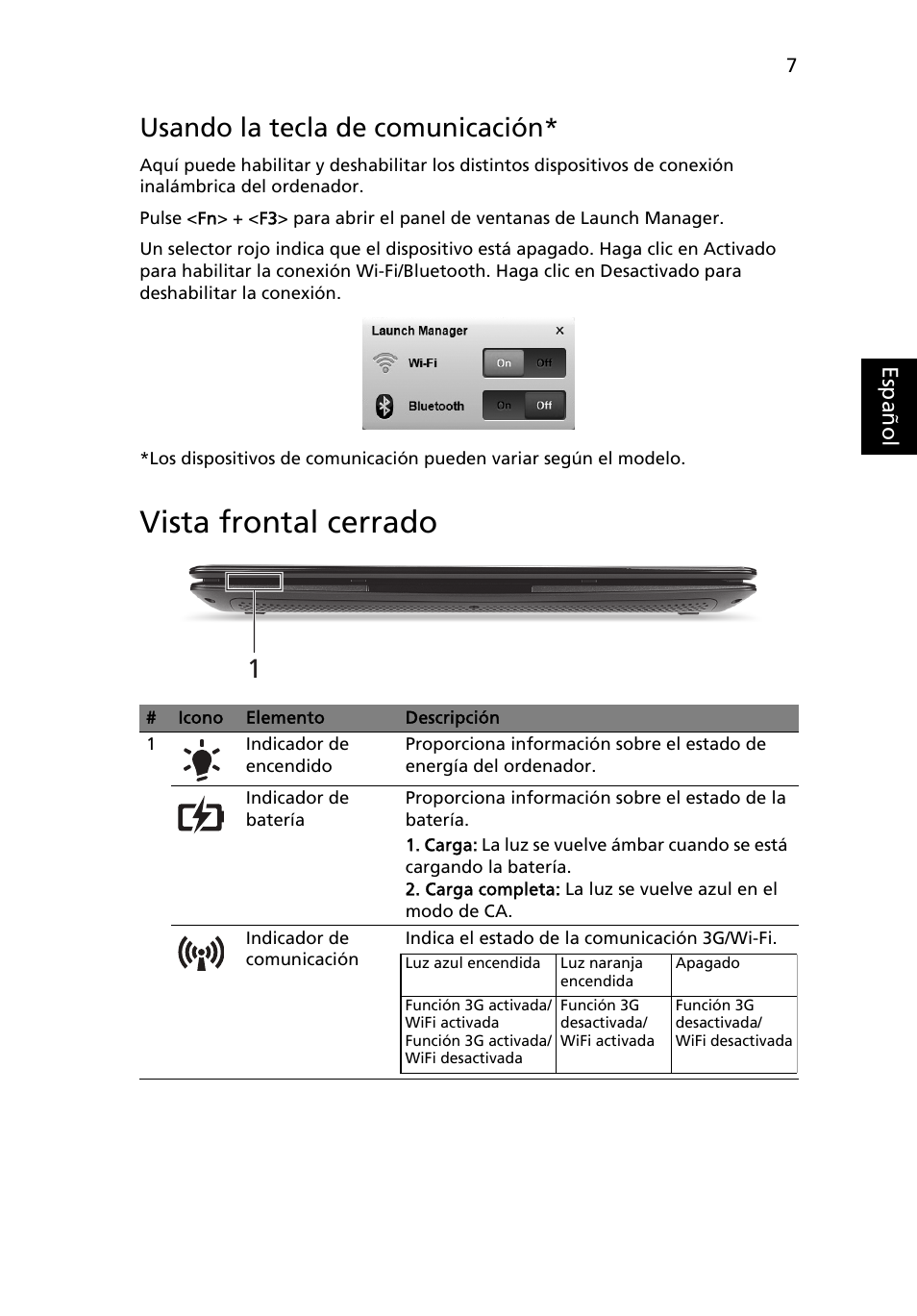 Vista frontal cerrado, Usando la tecla de comunicación | Acer AO722 User Manual | Page 49 / 294