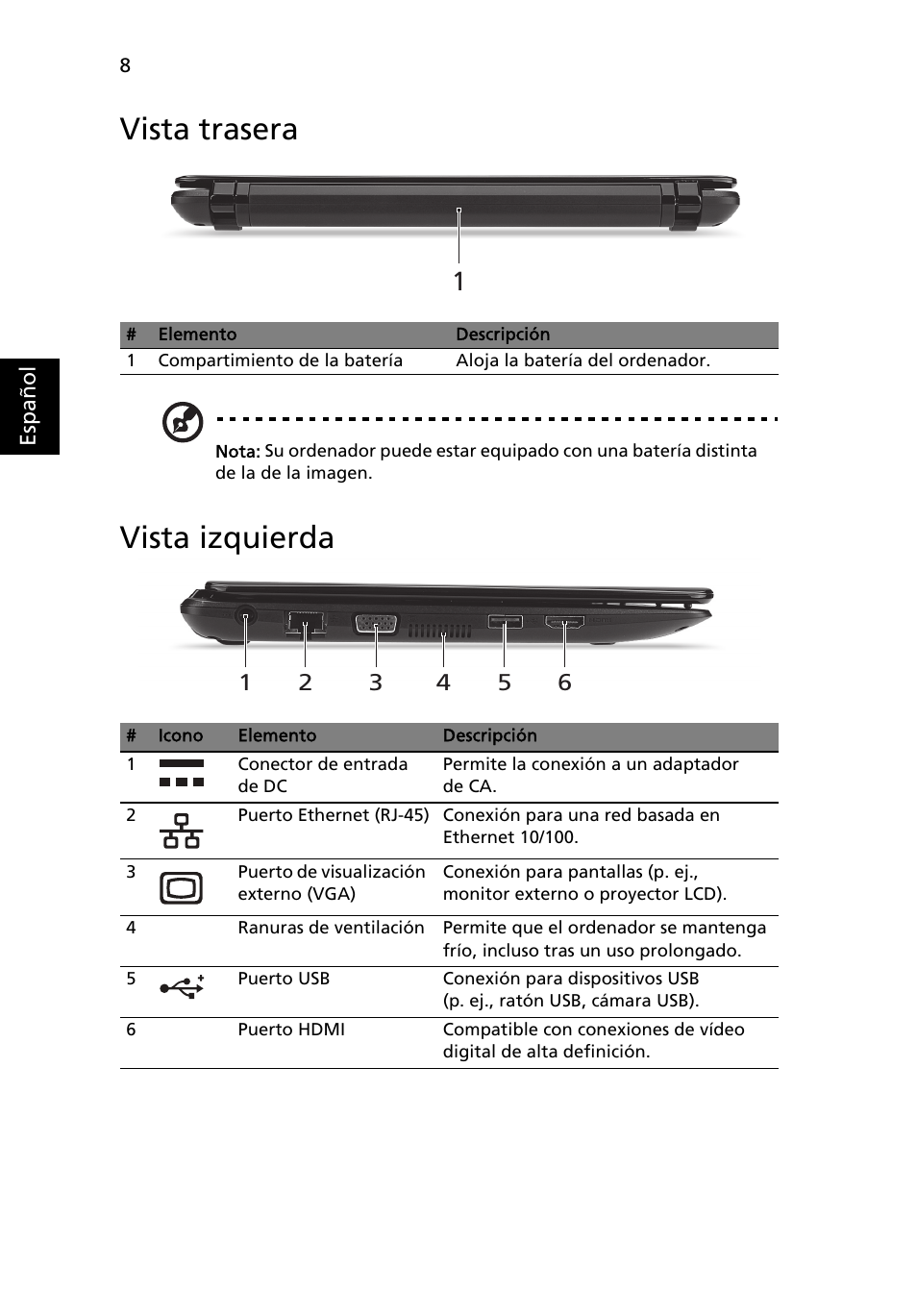 Vista trasera, Vista izquierda | Acer AO722 User Manual | Page 50 / 294