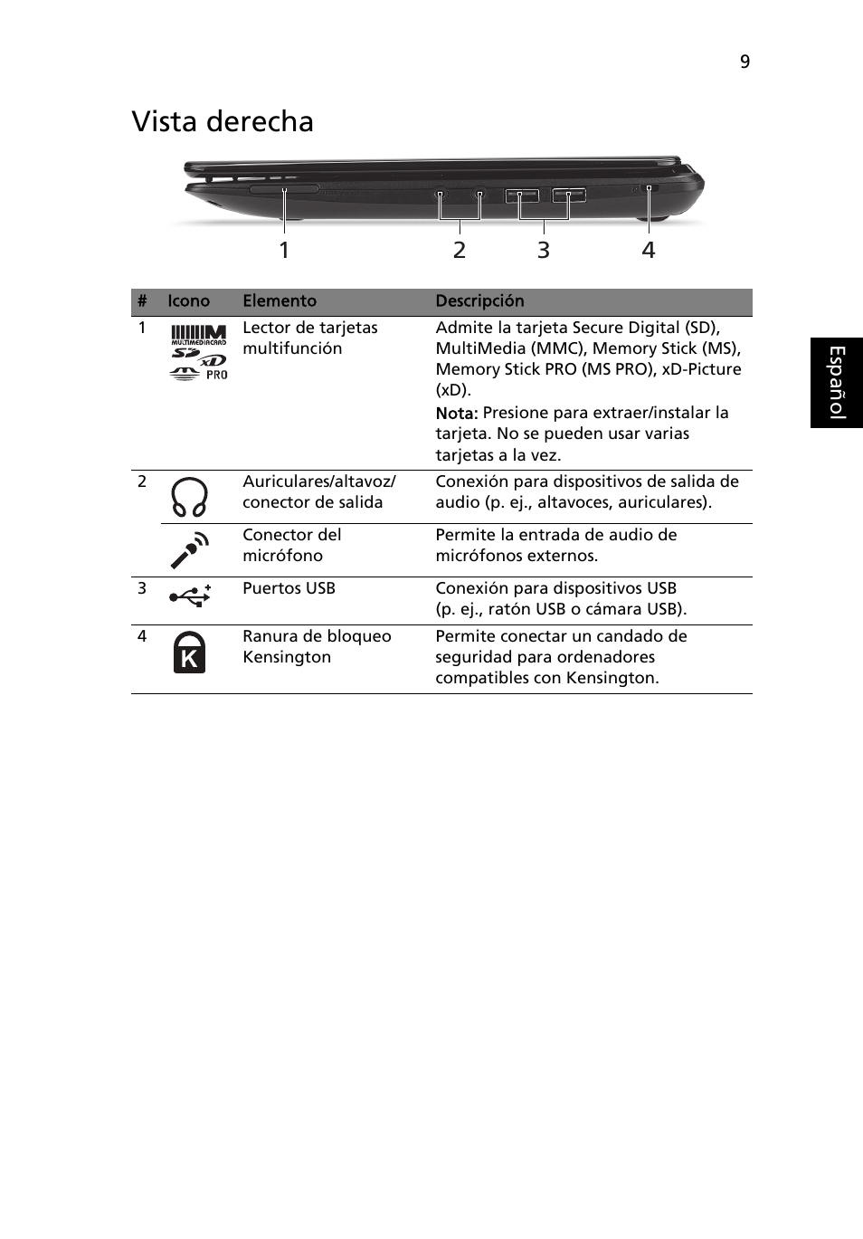 Vista derecha | Acer AO722 User Manual | Page 51 / 294