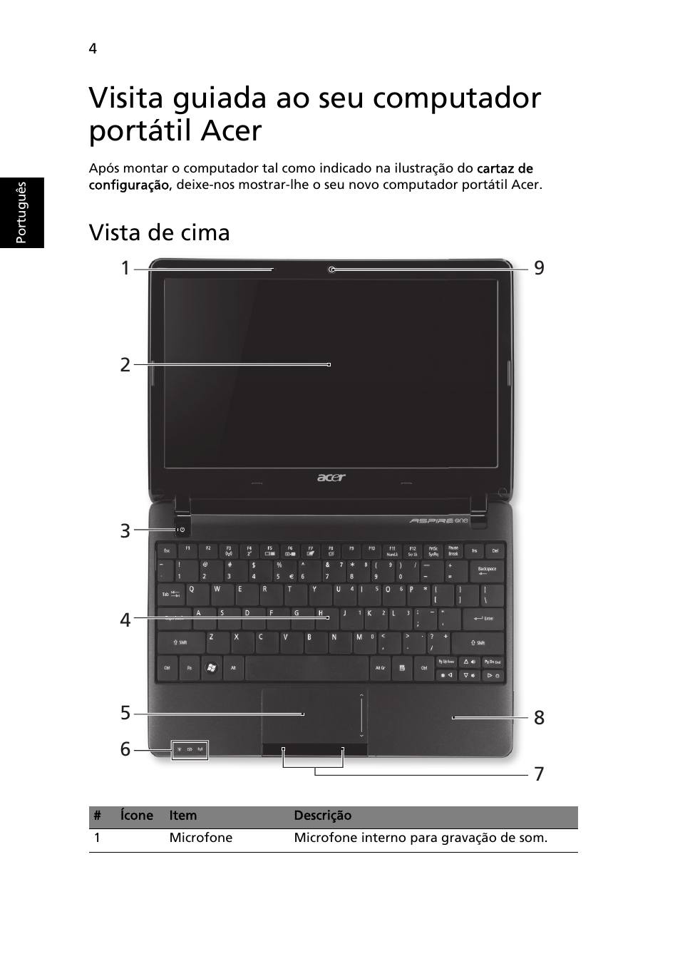 Visita guiada ao seu computador portátil acer, Vista de cima | Acer AO722 User Manual | Page 56 / 294