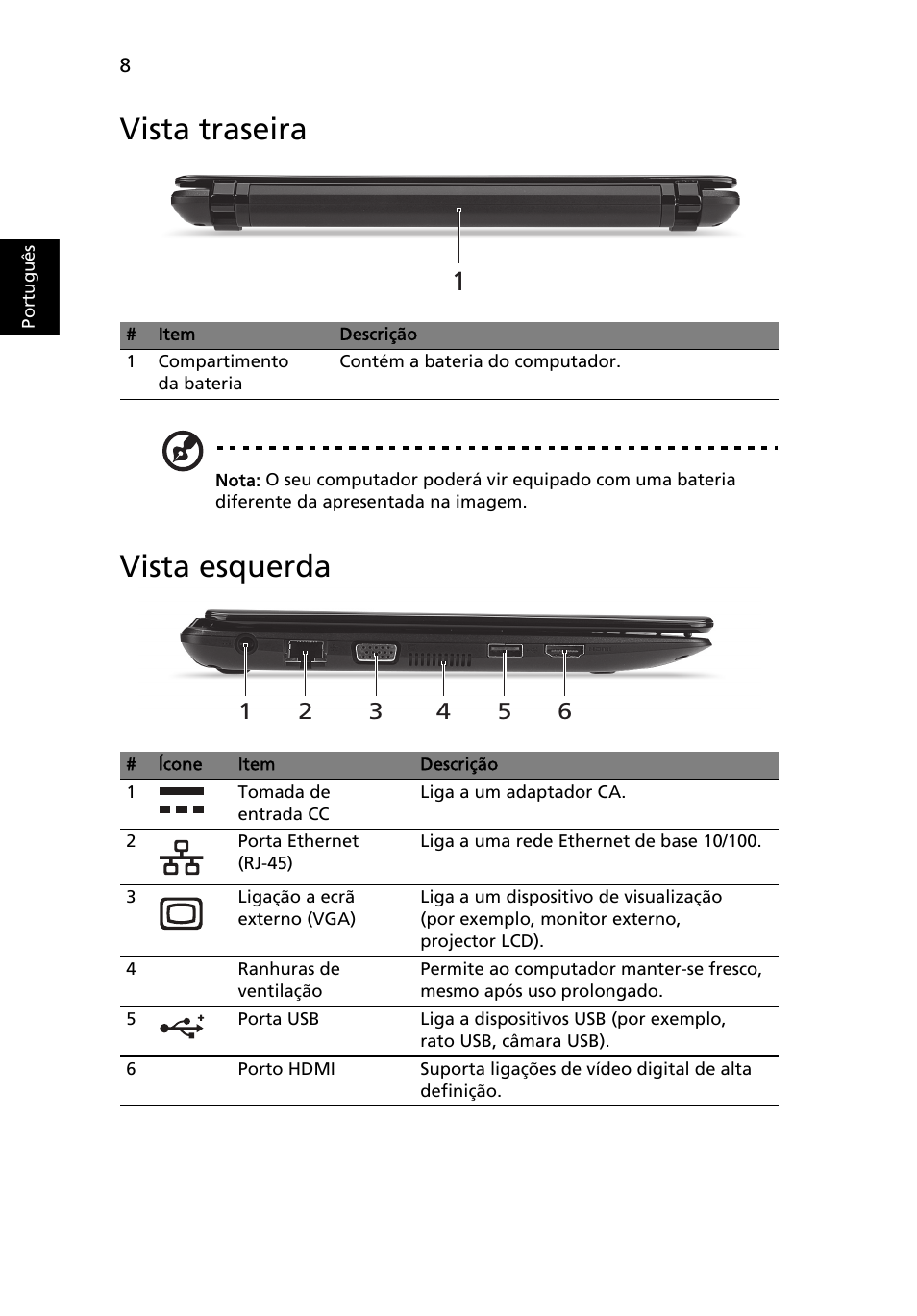 Vista traseira, Vista esquerda | Acer AO722 User Manual | Page 60 / 294