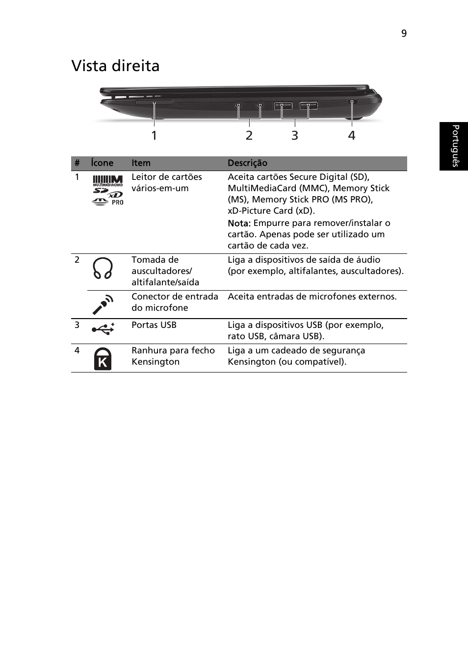 Vista direita | Acer AO722 User Manual | Page 61 / 294