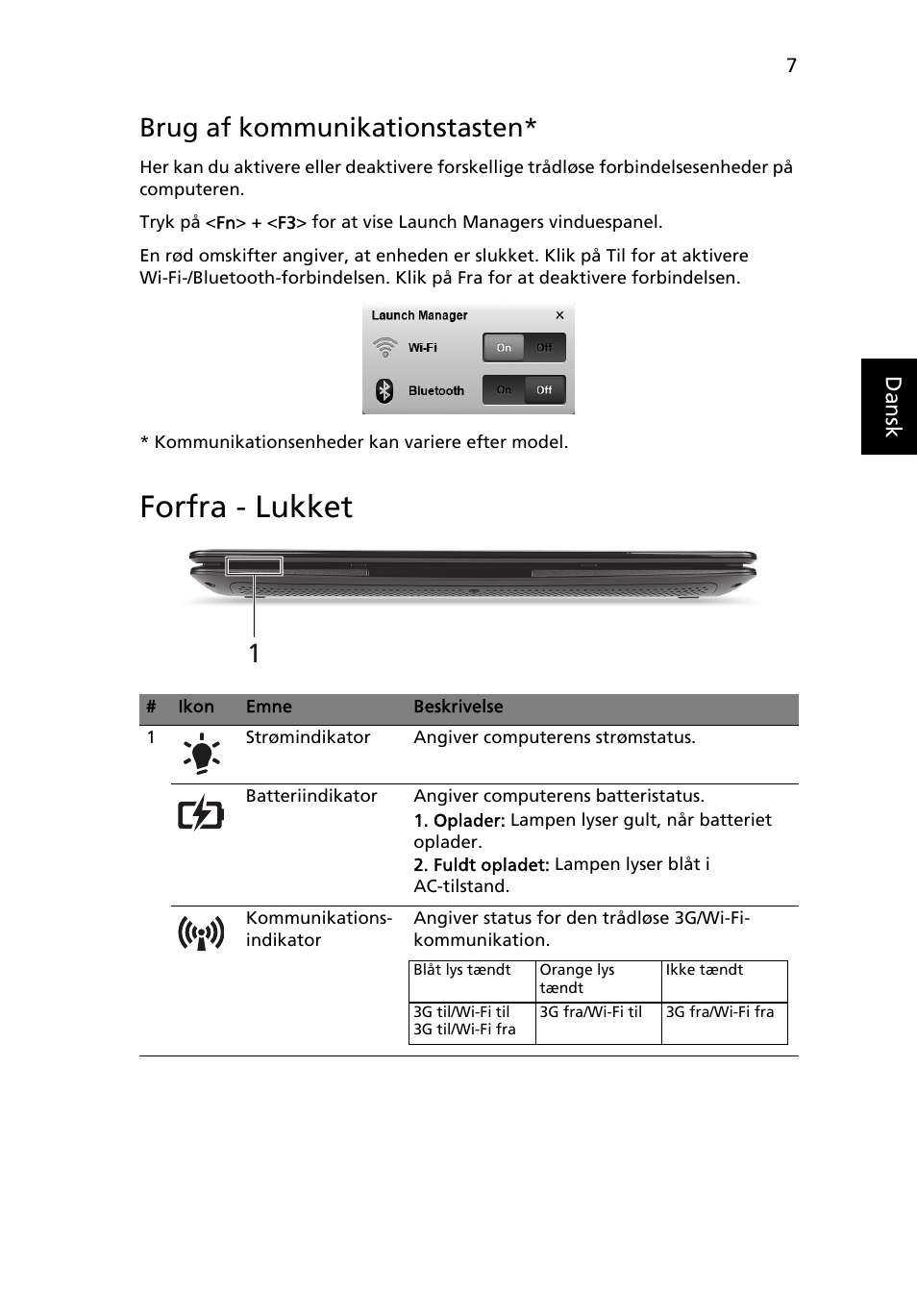 Forfra - lukket, Brug af kommunikationstasten | Acer AO722 User Manual | Page 89 / 294