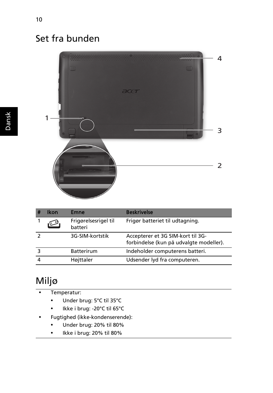 Set fra bunden, Miljø, Set fra bunden miljø | Acer AO722 User Manual | Page 92 / 294