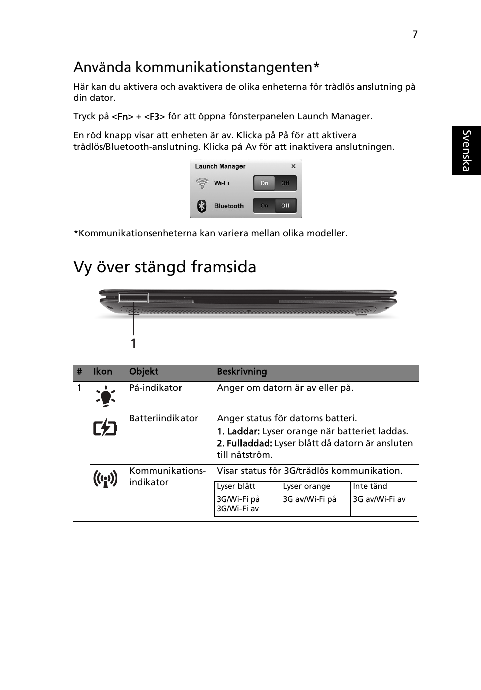 Vy över stängd framsida, Använda kommunikationstangenten | Acer AO722 User Manual | Page 99 / 294