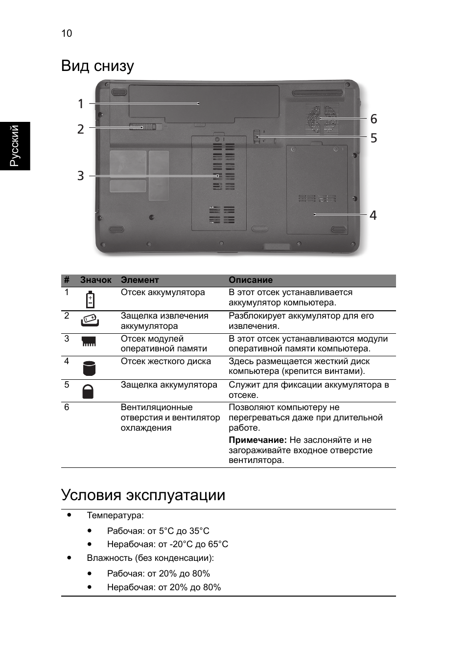 Вид снизу, Условия эксплуатации, Вид снизу условия эксплуатации | Acer Aspire 5734Z User Manual | Page 124 / 314