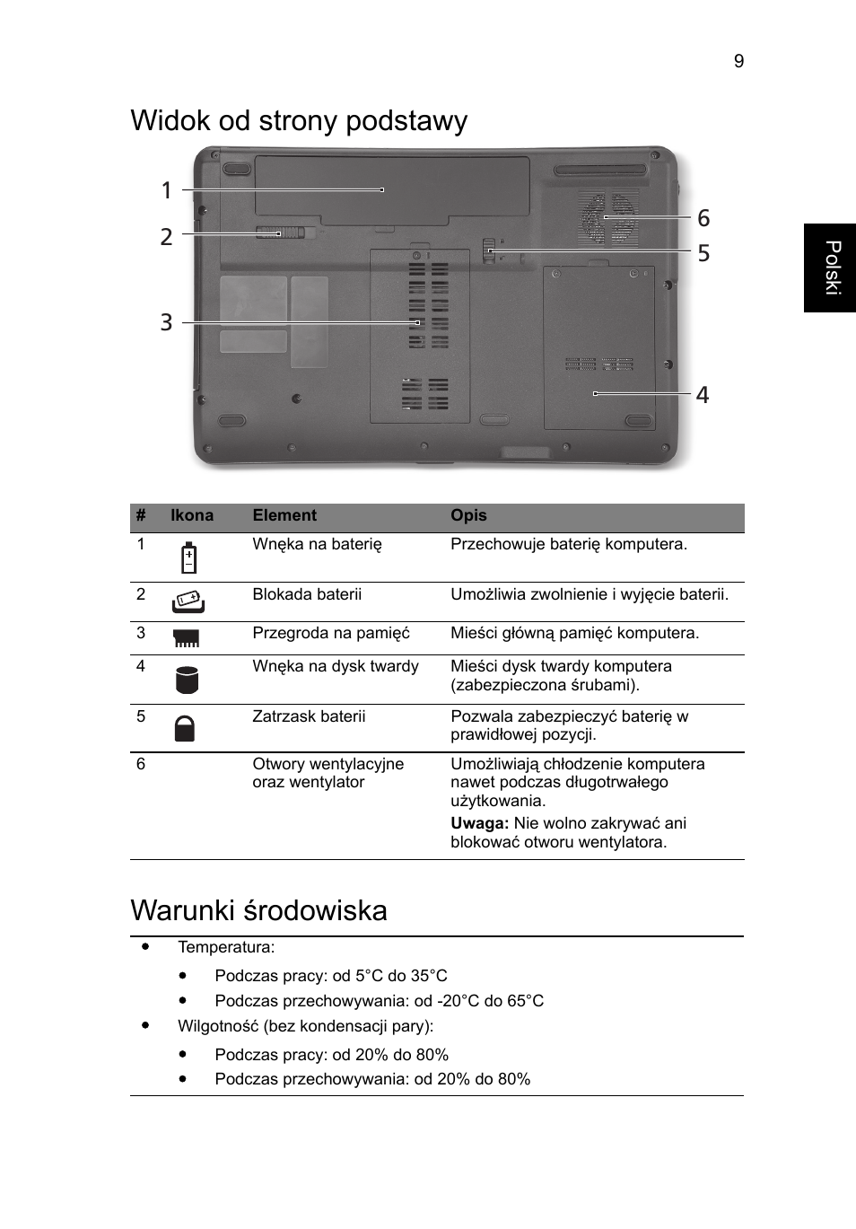 Widok od strony podstawy, Warunki środowiska, Widok od strony podstawy warunki środowiska | Acer Aspire 5734Z User Manual | Page 133 / 314