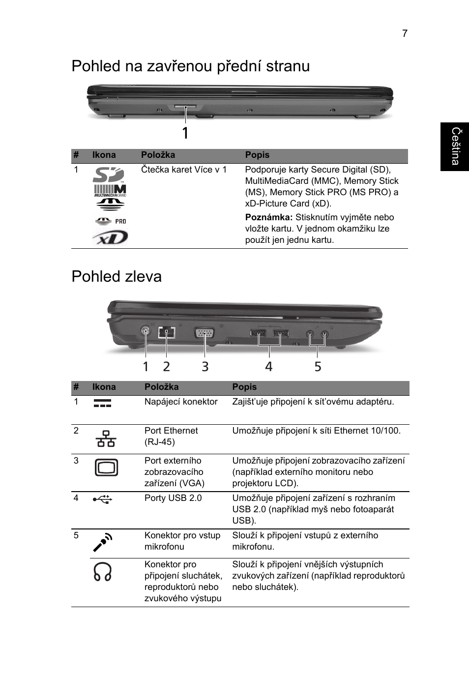 Pohled na zavřenou přední stranu, Pohled zleva, Pohled na zavřenou přední stranu pohled zleva | Acer Aspire 5734Z User Manual | Page 151 / 314