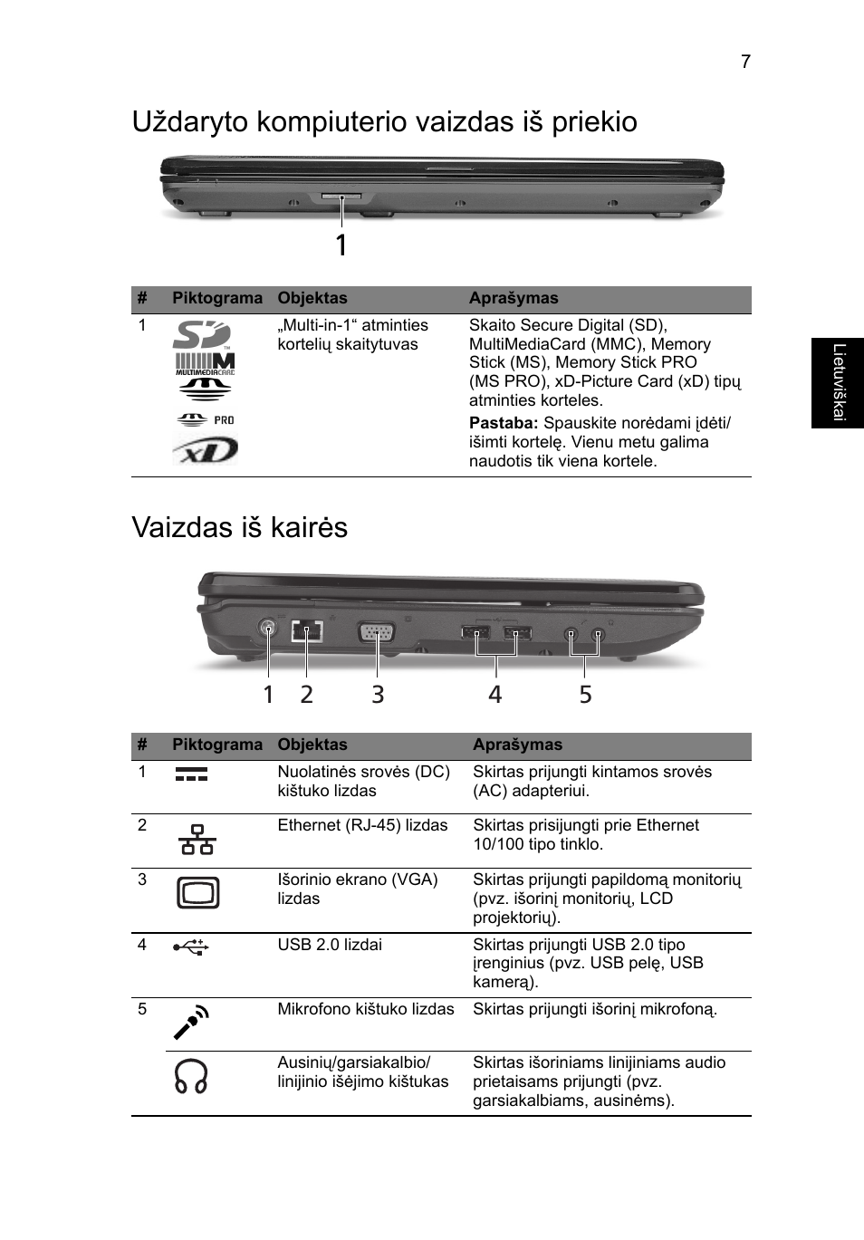 Uždaryto kompiuterio vaizdas iš priekio, Vaizdas iš kairės | Acer Aspire 5734Z User Manual | Page 231 / 314