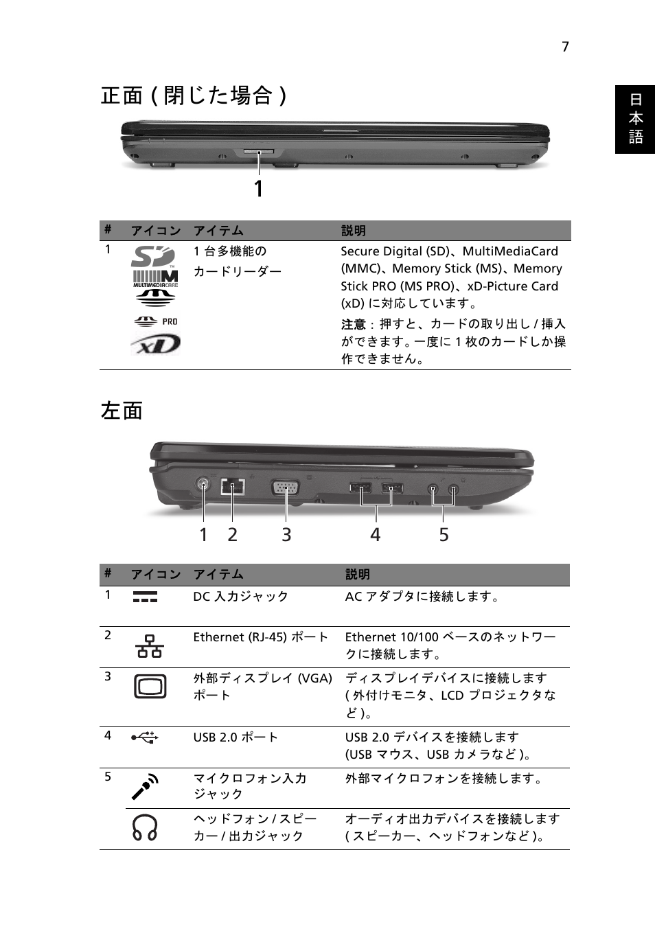 正面 (閉じた場合), 正面 ( 閉じた場合 ) 左面 | Acer Aspire 5734Z User Manual | Page 261 / 314