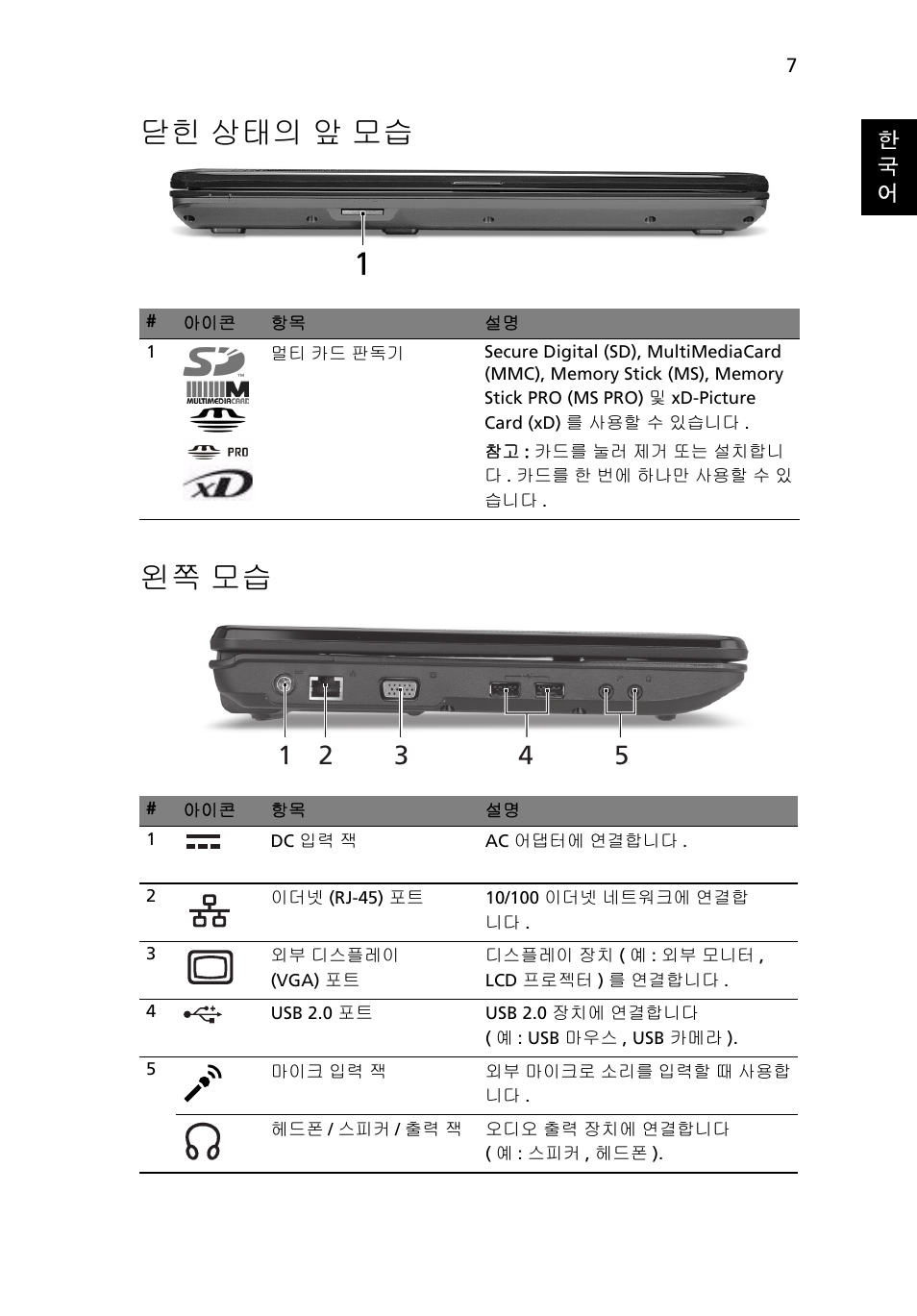 닫힌 상태의 앞 모습, 왼쪽 모습, 닫힌 상태의 앞 모습 왼쪽 모습 | Acer Aspire 5734Z User Manual | Page 271 / 314