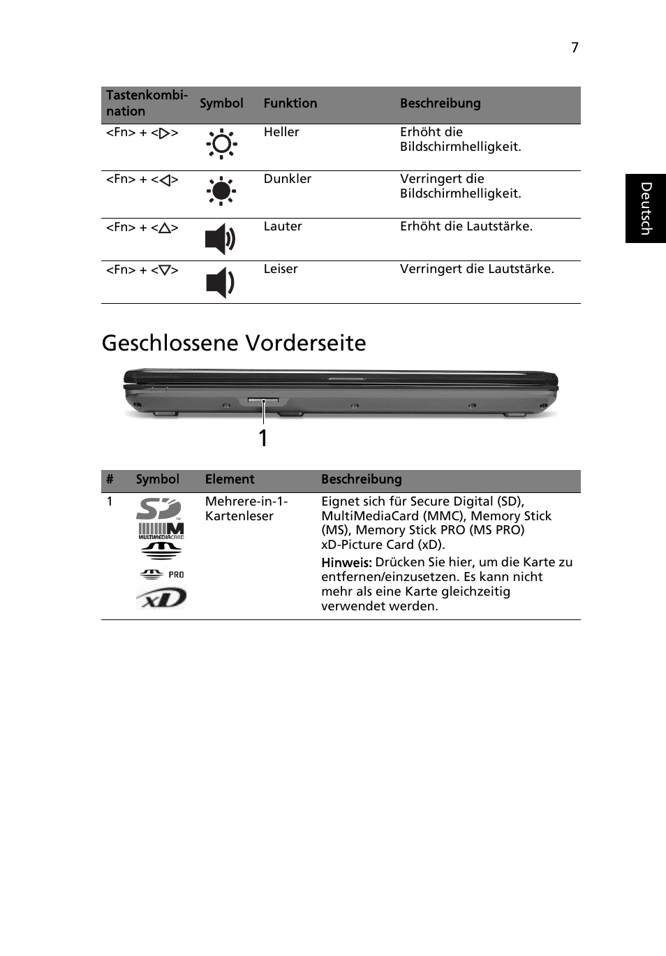 Geschlossene vorderseite | Acer Aspire 5734Z User Manual | Page 29 / 314