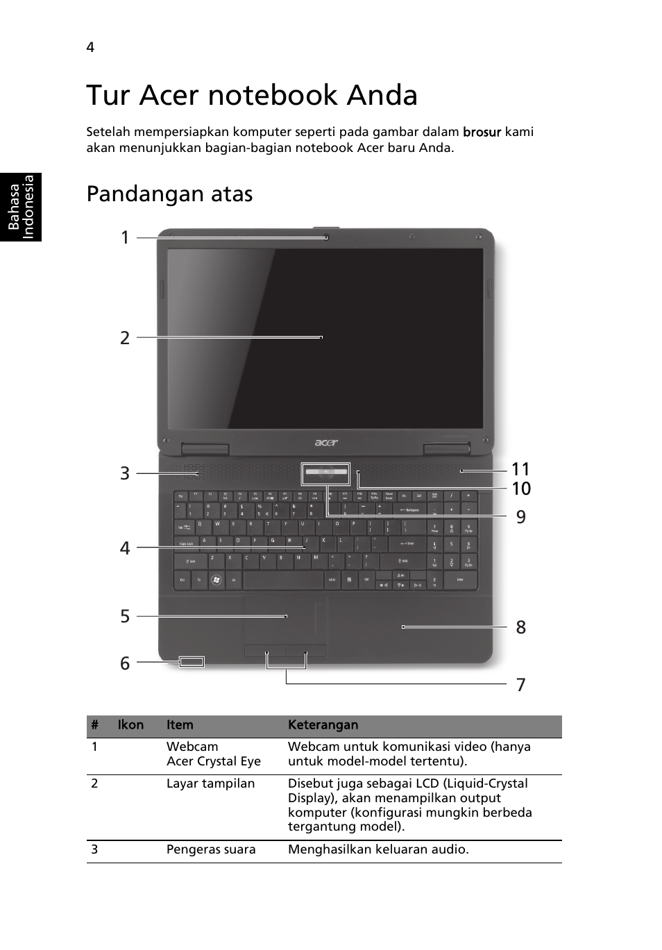 Tur acer notebook anda, Pandangan atas | Acer Aspire 5734Z User Manual | Page 298 / 314