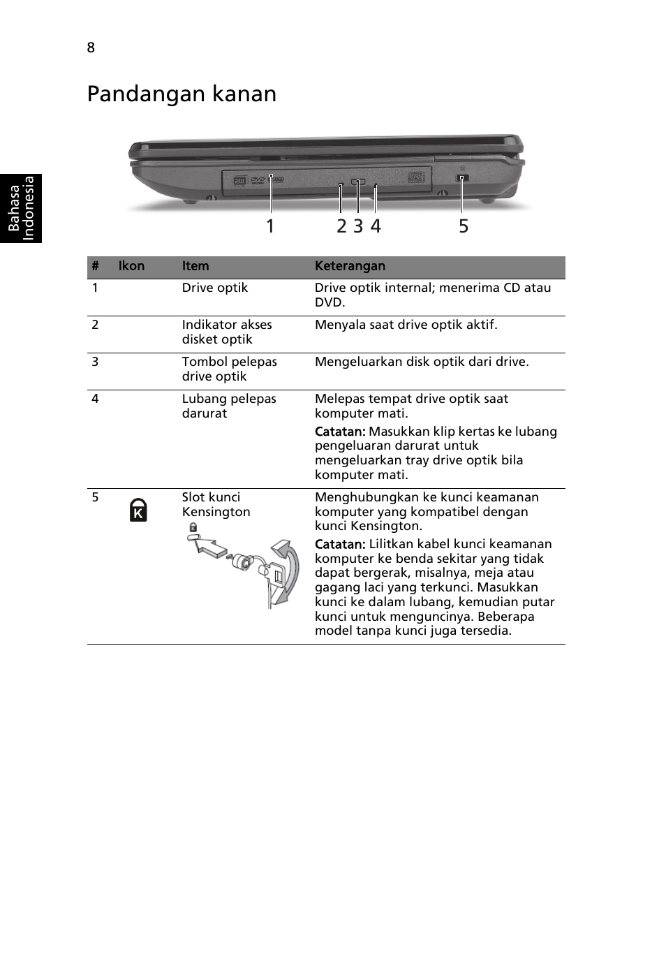 Pandangan kanan | Acer Aspire 5734Z User Manual | Page 302 / 314