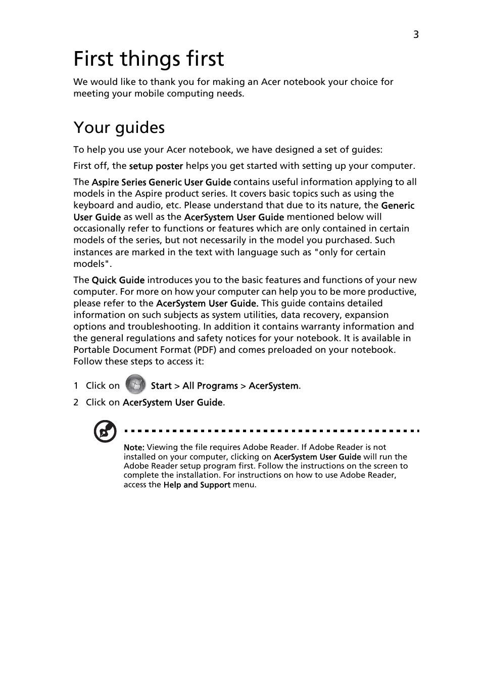 English, Your guides, First things first | Acer Aspire 5734Z User Manual | Page 5 / 314