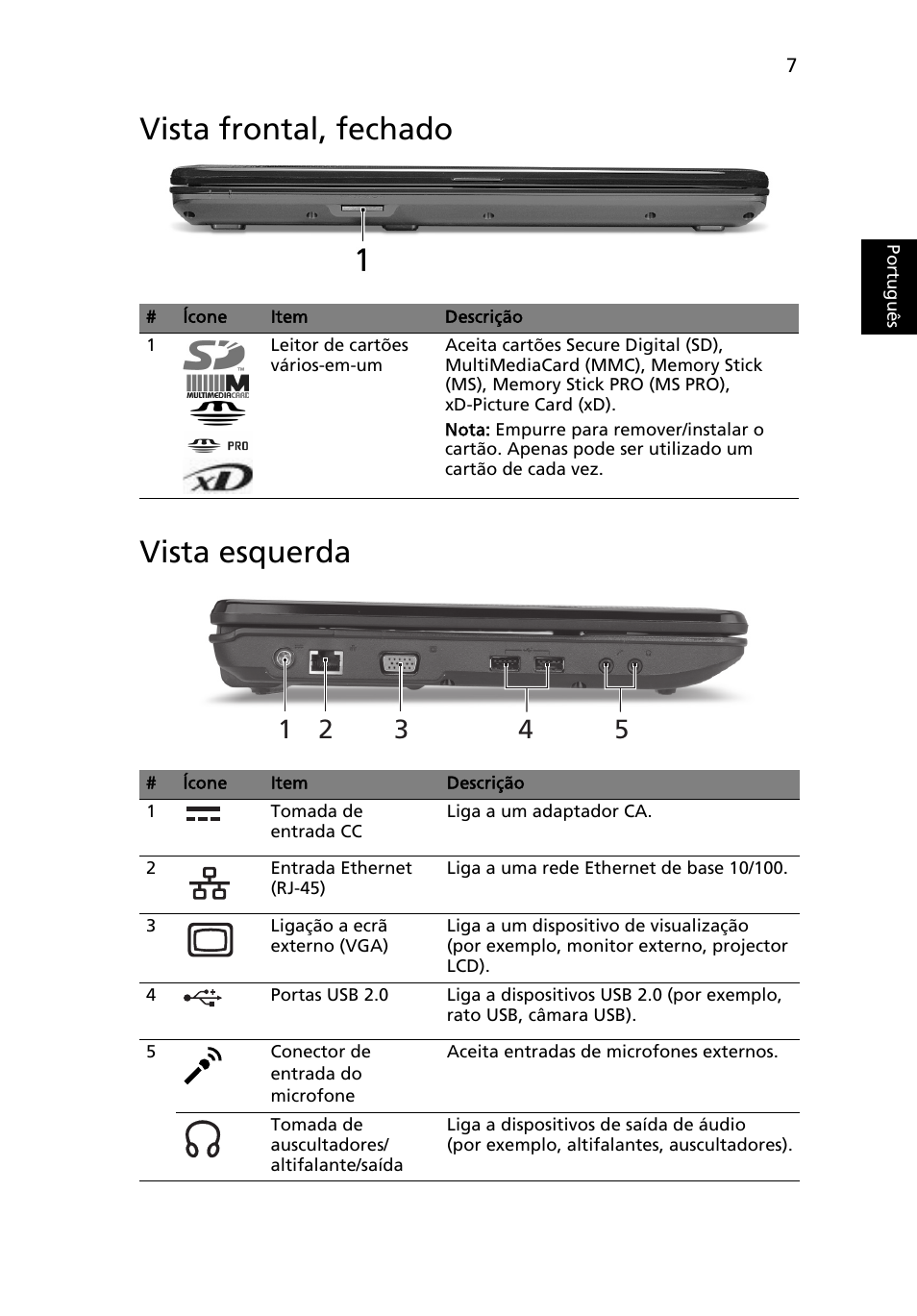 Vista frontal, fechado, Vista esquerda, Vista frontal, fechado vista esquerda | Acer Aspire 5734Z User Manual | Page 61 / 314