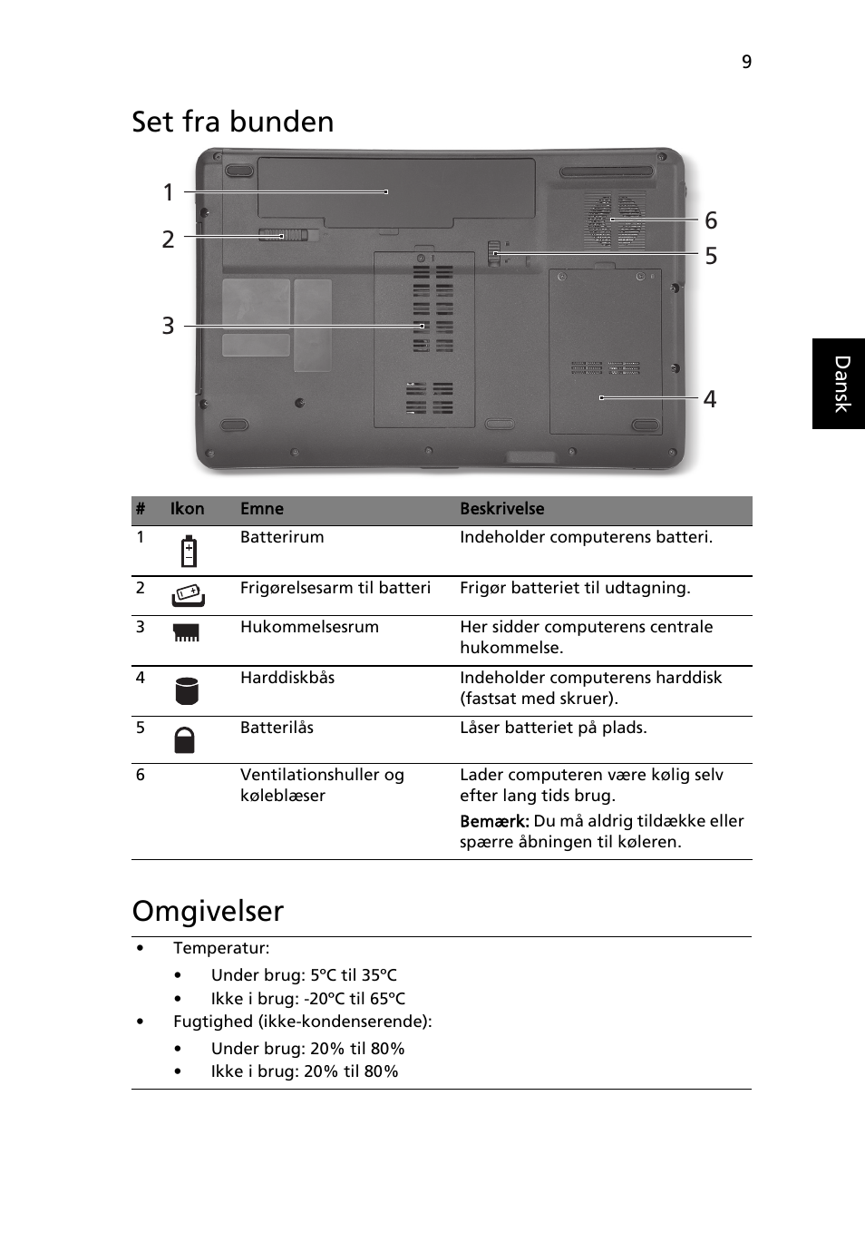 Set fra bunden, Omgivelser, Set fra bunden omgivelser | Acer Aspire 5734Z User Manual | Page 93 / 314