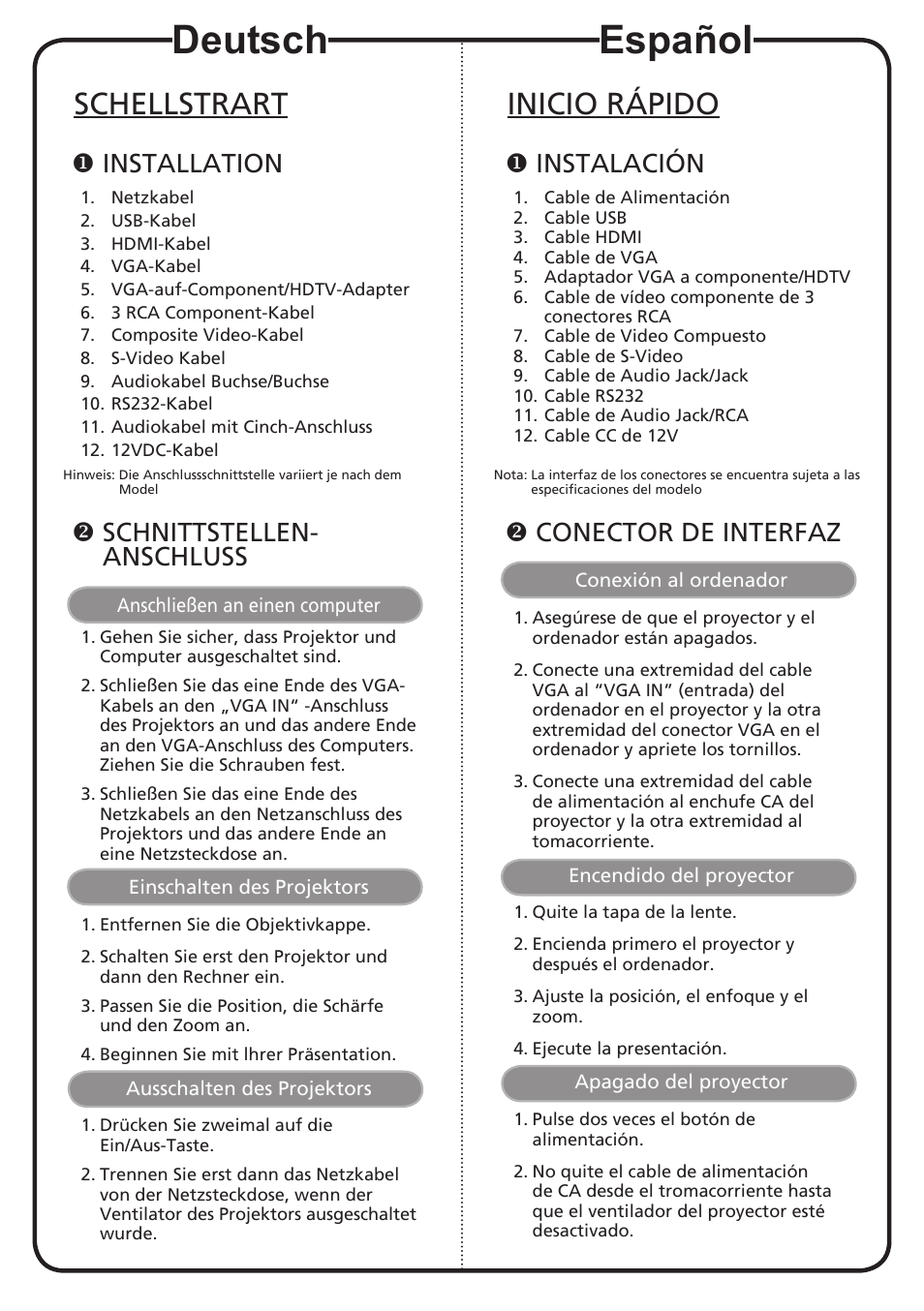 Deutsch, Español, Schellstrart | Inicio rápido, Installation, Schnittstellen- anschluss, Instalación, Conector de interfaz | Acer P1303W User Manual | Page 4 / 18