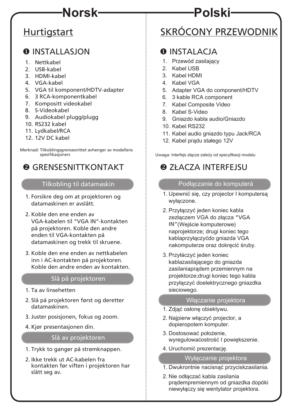 Norsk, Polski, Hurtigstart | Skrócony przewodnik, Installasjon, Grensesnittkontakt, Instalacja, Złacza interfejsu | Acer P1303W User Manual | Page 8 / 18