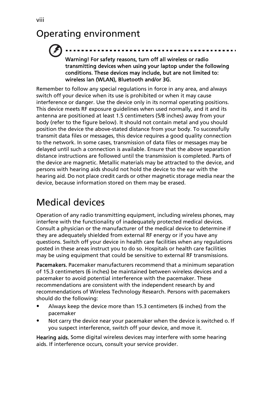 Operating environment, Medical devices | Acer Aspire 5741ZG User Manual | Page 10 / 2345