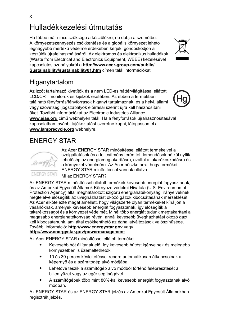 Hulladékkezelési útmutatás, Higanytartalom, Energy star | Acer Aspire 5741ZG User Manual | Page 1008 / 2345