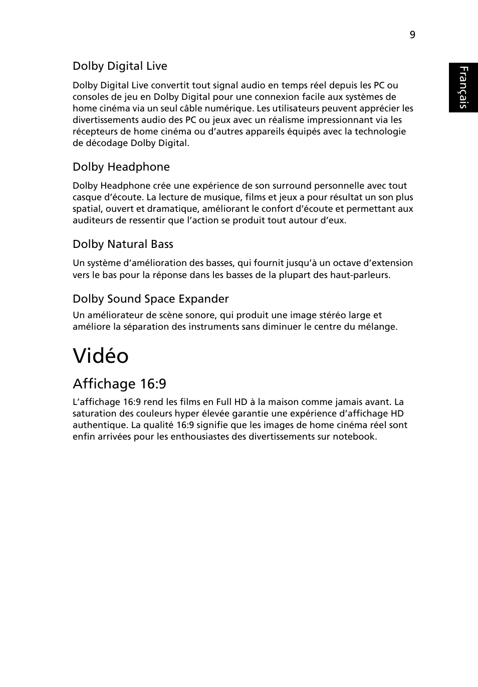 Vidéo, Affichage 16:9, Français | Acer Aspire 5741ZG User Manual | Page 107 / 2345