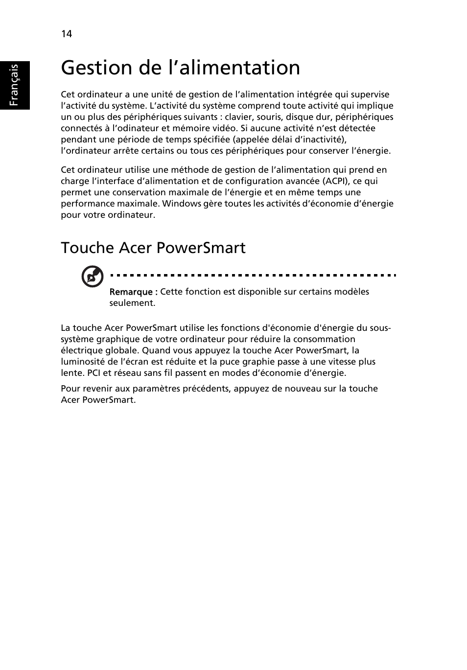 Gestion de l’alimentation, Touche acer powersmart | Acer Aspire 5741ZG User Manual | Page 112 / 2345