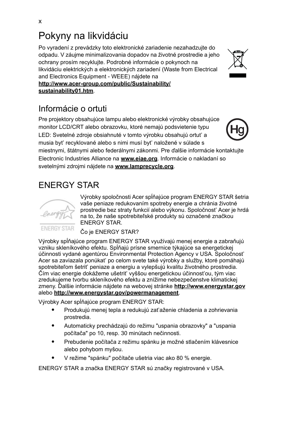 Pokyny na likvidáciu, Informácie o ortuti, Energy star | Acer Aspire 5741ZG User Manual | Page 1158 / 2345